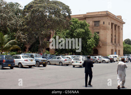 View of High Court Sindh where the offices are closed and hearings of appeals and cases dismissed on Tuesday, June 21, 2016 during the strike called by lawyers against abduction of Owais Ali Shah Advocate, the son of Sindh High Court Chief Justice Sajjad Ali Shah. Stock Photo