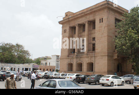 View of High Court Sindh where the offices are closed and hearings of appeals and cases dismissed on Tuesday, June 21, 2016 during the strike called by lawyers against abduction of Owais Ali Shah Advocate, the son of Sindh High Court Chief Justice Sajjad Ali Shah. Stock Photo