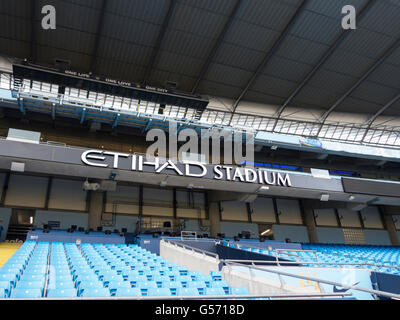 Seats inside Etihad Stadium Manchester CIty Football Club UK Stock Photo