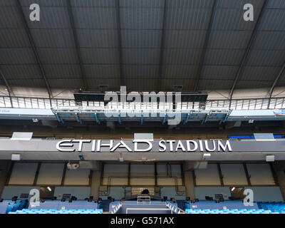 Seats inside Etihad Stadium Manchester CIty Football Club UK Stock Photo