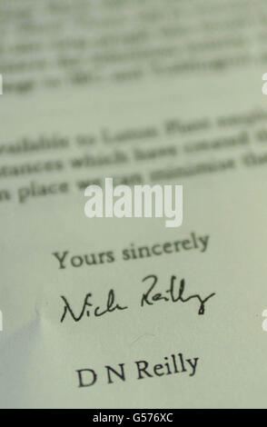Signature of Nick Reilly, Chairman and Managing Director of the Vauxhall car manufacturer, at the bottom of a letter to employees, revealed , explaining GM Europe's decision to close the car plant in Luton. Stock Photo