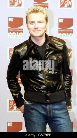 Singer Ronan Keating, from the band Boyzone, who gave a solo performance at the MTV Europe Music Awards held at the Globe Arena in Stockholm. Stock Photo