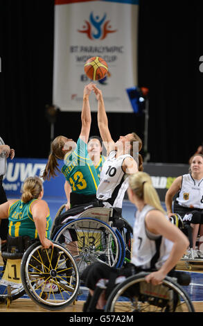 Match action from the women's wheelchair basketball match between Australia and Germany at the BT Paralympic World Cup Stock Photo