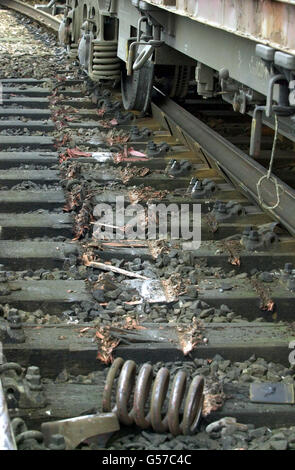 Track damage after a goods train derailment at Northampton train station. The freight train was blocking the south entrance to Northampton station causing the Silverlink train company to put on buses to ferry passengers from Northampton to Milton Keynes. Stock Photo