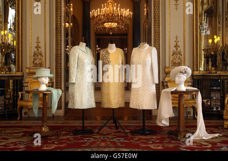 The three dresses worn by Queen Elizabeth II during her Diamond Jubilee celebrations, designed and created by Angela Kelly MVO. Stock Photo
