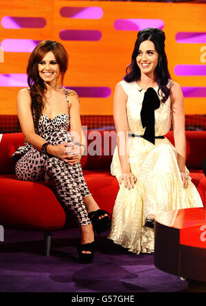 Cheryl Cole (left) and Katy Perry during filming of the Graham Norton show at the London Studios, London. Stock Photo