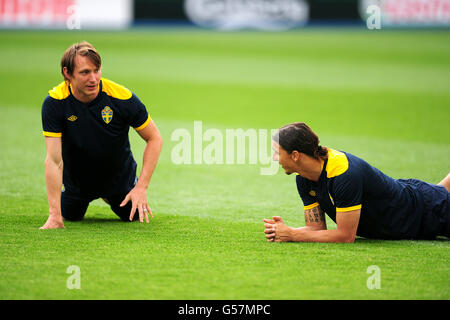 Sweden's Kim Kallstrom (l) and Zlatan Ibrahimovic during training Stock Photo