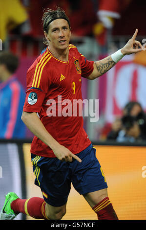 Spain's Fernando Torres celebrates after scoring their first goal Stock Photo