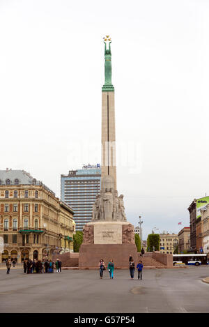 RIGA, LATVIA - JUNE 10,2016: The Freedom Monument  is a memorial located in Riga, Latvia, honouring soldiers killed during the L Stock Photo