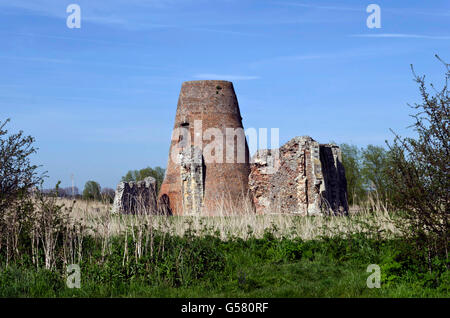 The ruins of St. Benet's Abbey and windpump on the River Bure in the Norfolk Broads, East Anglia, England. Stock Photo