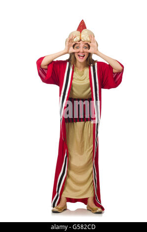 Woman wizard in red clothing isolated on white Stock Photo