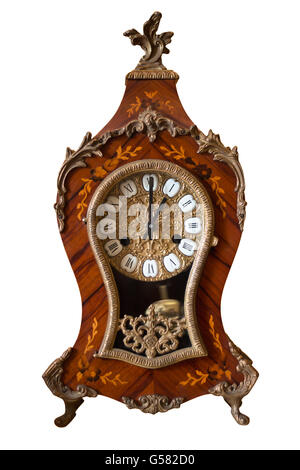 ornate antique clock, classic clock with floral motives made in italy isolate on white background Stock Photo