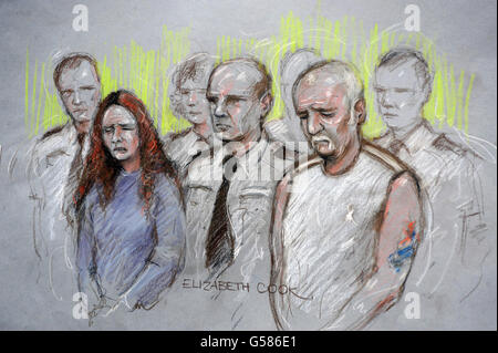 ALL TV OUT. ALL TV RELATED INTERNET SITES OUT. Artist impression by courts artist Elizabeth Cook of Mick Philpott and his wife Mairead appearing at Nottingham Crown where they were charged with the death of six of their children in a house fire. Stock Photo