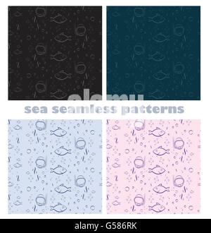 sea world with diver head fish and bubbles seamless pattern dark and light colored background vector design Stock Vector