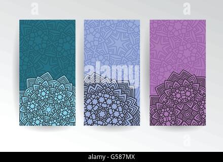 vertical web banners set with abstract flowers in mandala style vector illustration Stock Vector