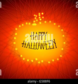 Abstract postcard for Halloween. Silhouette pumpkins from strained threads and nails with garland and shiny light. Unique vector Stock Vector