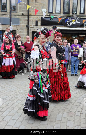 Members of 400 Roses dance troop dancing in St George's Square, Hebden Bridge Stock Photo