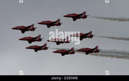 RAF Aerobatic Display Team, The Red Arrows in classic Diamond Nine formation. Stock Photo