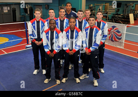 The Great Britain boxing team: (front row left to right) Natasha Jones, Nicola Adams, Natasha Jonas, Andrew Selby, (others left to right) Savannah Marshall, Josh Taylor, Anthony Ogogo, Anthony Joshua, Fred Evans, Tom Stalker, Luke Campbell and Fred Evans pose during the Team GB Boxing announcement at the English Institute of Sport, Sheffield. Stock Photo