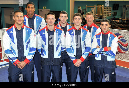 The Mens Great Britain boxing team: (left to right) Anthony Ogogo, Anthony Joshua, Josh Taylor, Fred Evans, Luke Campbell, Tom Stalker and Andrew Selby pose during the Team GB Boxing announcement at the English Institute of Sport, Sheffield. Stock Photo