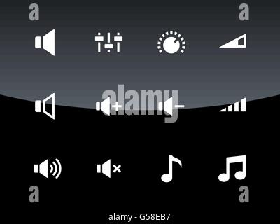 Speaker icons on black background. Volume control. Stock Vector