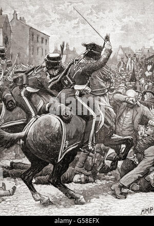 Hussars charging into the crowd at The Peterloo Massacre, St Peter's Field, Manchester, England,  16 August 1819. Stock Photo