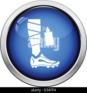 Icon of football bandaged leg with aerosol anesthetic. Glossy button design. Vector illustration. Stock Vector