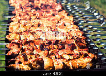 Meat roasted on fire barbecue kebabs on the grill. Selective focus Stock Photo