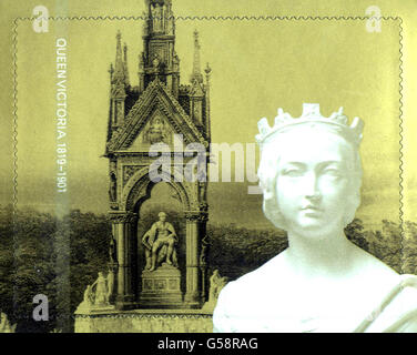 The new Royal Mail stamp showing a bust of Britain's Queen Victoria against the background of London's Albert Memorial. The Queen Victoria label is included in an innovative booklet of six self-adhesive first-class. * In future, all first and second-class stamp booklets will be of self-adhesive stamps. Victoria died on January 22, 1901, aged 81. It was during her reign, in 1840, that the world's first stamp was issued the Penny Black, which bore her image. Stock Photo