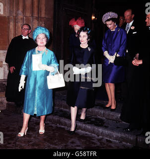 1966: The Queen Mother (left), the Duchess of Gloucester (c) and Princess Marina of Kent leaving after the wedding of the Marquess of Hamilton and Miss Alexandra Phillips at Westminster Abbey, London. Stock Photo