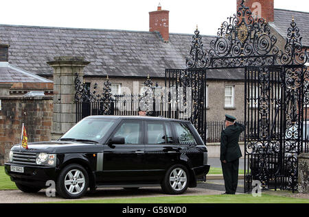 Queen Elizabeth II arrives through the new Jubilee Gates at Hillsborough Castle, County Down, during a two-day visit to Northern Ireland as part of the Diamond Jubilee tour.
