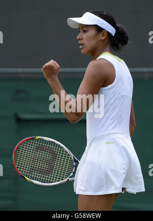Great Britain's Anne Keothavong celebrates against Spain's Laura Pous-Tio during day two of the 2012 Wimbledon Championships at the All England Lawn Tennis Club, Wimbledon. Stock Photo