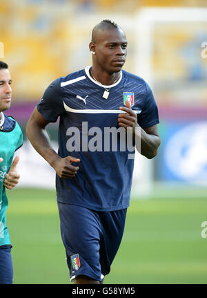 Italy's Mario Balotelli during training at the Olympic Stadium in Kiev ahead of their Final match against Spain Stock Photo