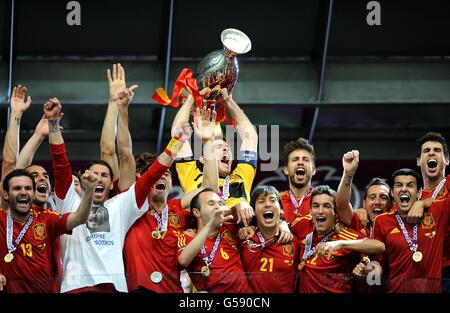 Spain captain Iker Casillas lifts the UEFA European Championship trophy after the final whistle Stock Photo
