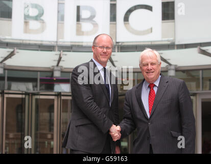 New Director General of the BBC George Entwistle (left) and BBC Trust Chairman Lord Patten pose for media outside new Broadcasting House in Central London. Stock Photo