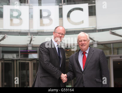 New Director General of the BBC George Entwistle (left) and BBC Trust Chairman Lord Patten pose for media outside new Broadcasting House in Central London. Stock Photo