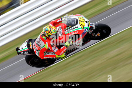 Italy's Valentino Rossi on his Ducati during practice for the British round of Moto GP at Silverstone Circuit, Northamptonshire. Stock Photo