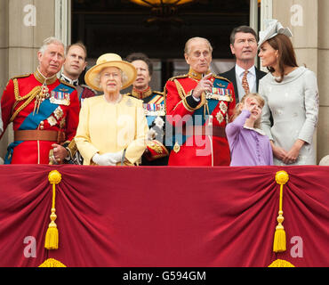 Queen Elizabeth II and members of the British royal family (from left to right) the Prince of Wales, the Earl of Wessex, the Princess Royal, the Duke of Edinburgh, the Duchess of Cambridge (right) on the balcony of Buckingham Palace during the annual Trooping the Colour parade, in central London. Stock Photo