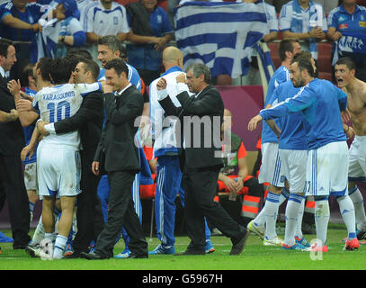Greece's coach Fernando Santos celebrates after his side qualify for the quarter finals of Euro 2012 Stock Photo