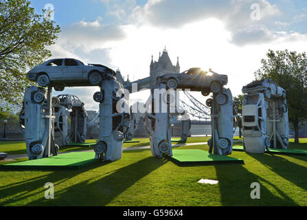 Citihenge, a recreation of Stonehenge made entirely from car parts, after being unveiled on London's Southbank by SKODA to launch their new Citigo model. PRESS ASSOCATION Photo. Picture date: Tuesday June 19, 2012. The giant sculpture provides Londoners with an urban meeting point to celebrate this evening's Summer Solstice. Photo credit should read: Matt Crossick/PA Wire Stock Photo