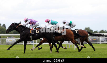 Thomas Chippendale ridden by Johnny Murtagh (No.6) heads Noble Mission ridden by Tom Queally (centre) and Thought Worthy ridden by Frankie Dettori to win the King Edward VII Stakes during day four of the 2012 Royal Ascot meeting at Ascot Racecourse, Berkshire. Stock Photo
