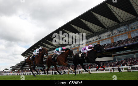 Thomas Chippendale ridden by Johnny Murtagh (No.6) heads Noble Mission ridden by Tom Queally (centre) and Thought Worthy ridden by Frankie Dettori to win the King Edward VII Stakes during day four of the 2012 Royal Ascot meeting at Ascot Racecourse, Berkshire. Stock Photo