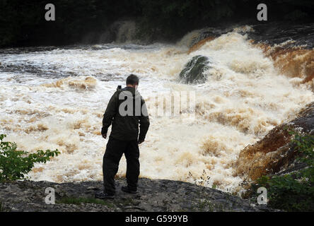 The fast flowing River Ure at Aysgarth Falls in the Yorkshire Dales, after torrential downpours brought flooding to swathes of northern England, forcing people to leave their homes as more than a month's worth of rain fell in 24 hours. Stock Photo