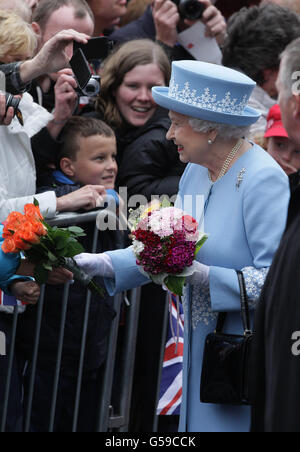 Queen Elizabeth II greets well wishers in Enniskillen, County Fermanagh, during a two-day visit to Northern Ireland as part of the Diamond Jubilee tour. Stock Photo