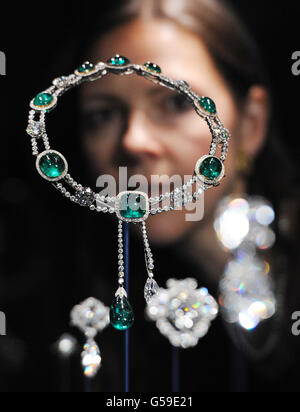 Caroline de Guitaut, curator of a new exhibition at Buckingham Palace, London, in which jewels collected by six monarchs over three centuries will go on display to mark the Queen's Diamond jubilee this summer. They includes the Delhi Durbar Necklace and Cullinan Pendant (pictured) made up of diamonds and emeralds, created for the Delhi Durbar of 1911 and owned by Queen Mary. Stock Photo
