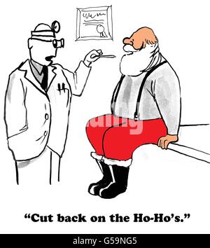 Cartoon about doctor telling Santa Claus to lose weight. Stock Photo
