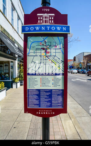 A Metal Map Sign on the sidewalk on Main Street in Historic Downtown Franklin, TN founded in 1799 Stock Photo