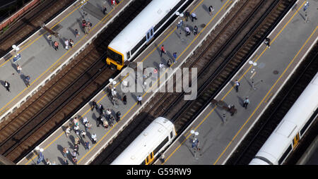 A view of trains and passengers at London Bridge station in London from the 69th floor of the Shard, during the official inauguration of the Shard in London. Stock Photo