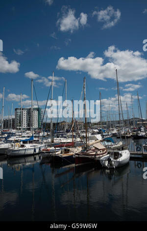 Boats moored in Sutton Harbour Marina Plymouth. Stock Photo