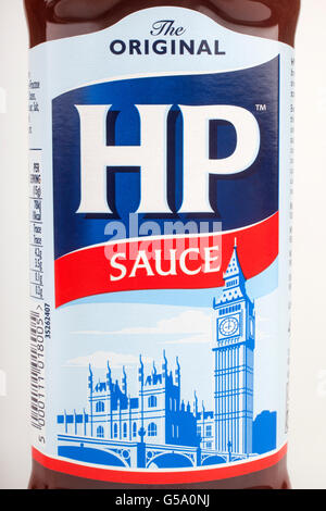 LONDON, UK - JUNE 16TH 2016: A close-up shot of the HP Sauce logo on a full bottle over a white background, on 16th June 2016. Stock Photo